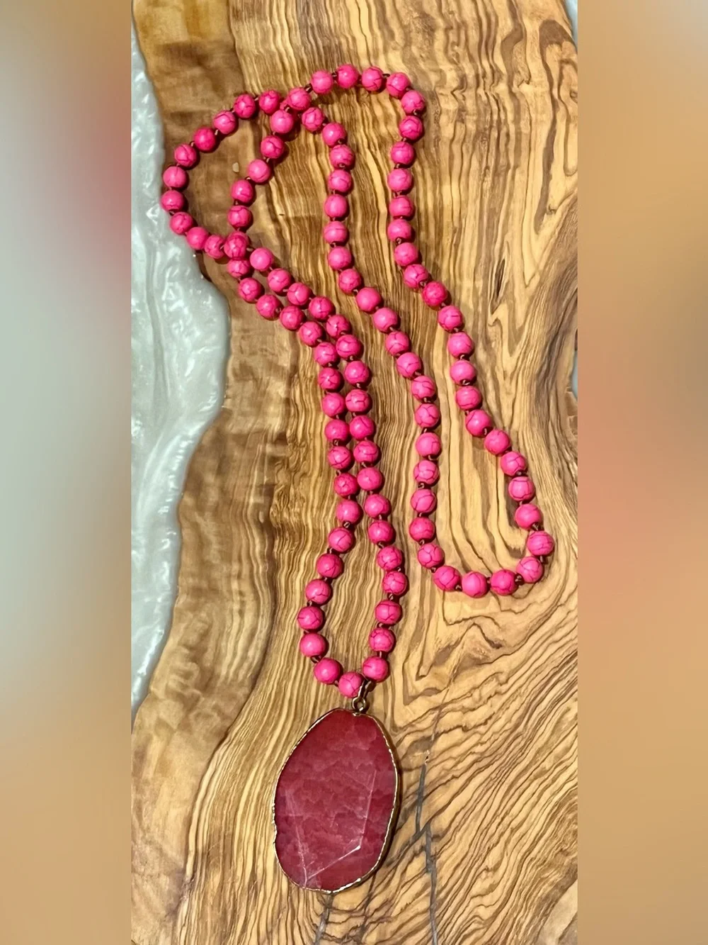 Pink Beaded Long Necklace with Pink Stone Pendant